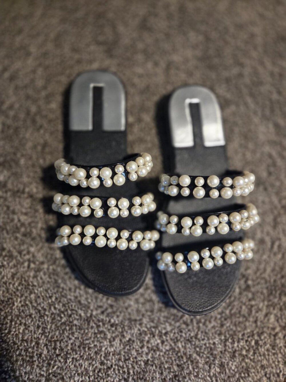 Black Pearl Embellished Slide Sandals – Chic & Elegant